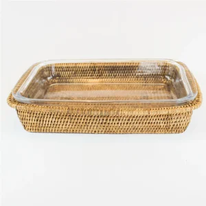 Travessa Refratária Maya Retangular Com Suporte Rattan 37 cm