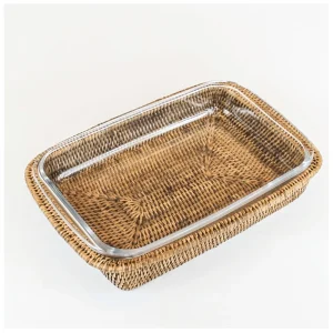 Travessa Refratária Maya Retangular Com Suporte Rattan 37 cm
